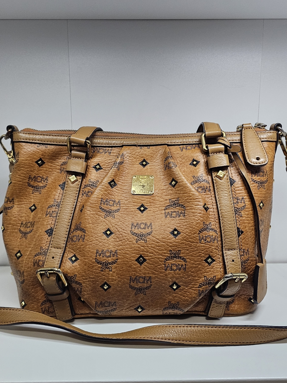 MCM Cognac Visetos Leather Satchel Bag